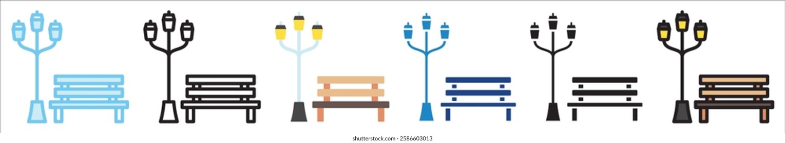 Park Bench multi style, mini illustration icon. outline, flat, glyph, line color, UI, UX, app and web, digital or print. For education, construction, transportation, environment, urban planning.