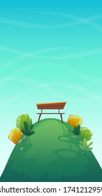 park bench on a hill with green grass and bushes plants. Nature outdoors background cartoon funny cheerful style. vector