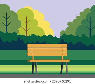 Park bench on trees and green grass background vector