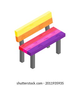 Parkbank mit Regenbogenfarben bemalt - isometrische Vektorgrafik. Flaches Farbdesign.
