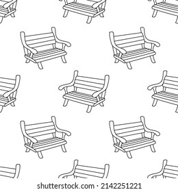 Park bench seamless pattern doodle outline vector. Texture for background, label, print, packaging, merchandise, greeting card, book, storefront, poster, fabric, wrapping, textile.