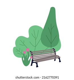 Park bench semi flat color vector object. Full sized item on white. Public place. Comfortable furniture. Outdoor recreation simple cartoon style illustration for web graphic design and animation