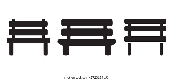 Siluetas de banco de parque. Conjunto de tres iconos negros simples sobre fondo blanco.