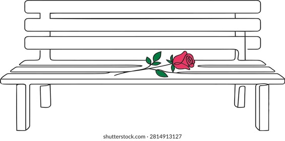 Park bench with a single red rose flower romantic romanticism solitude relaxation peaceful furniture illustration isolated background minimalist sentiment valentine composition