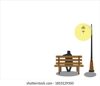 park bench sitting by sad person under lamp