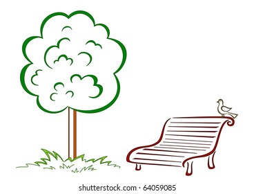 Park bench with a small bird costs under a green tree