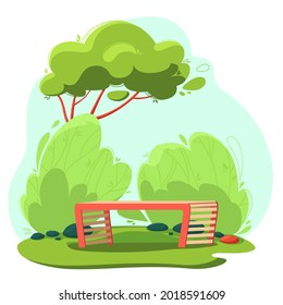 The park bench stands among the green bushes. A tree grows behind. Fresh summer greens. Vector illustration in cartoon style.
