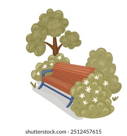 Park bench stands sideways surrounded by lush green bushes. Cartoon vector illustration isolated