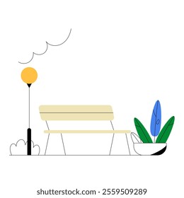 Park Bench And Street Lamp in Flat Vector Illustration Symbolizing Outdoor Relaxation, Leisure, And City Parks, Isolated on White Background