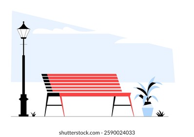 Park Bench With Street Lamp And Potted Plant In Flat Vector Illustration Symbolizing Urban Park, Relaxation, And Outdoor Leisure, Isolated On White Background.