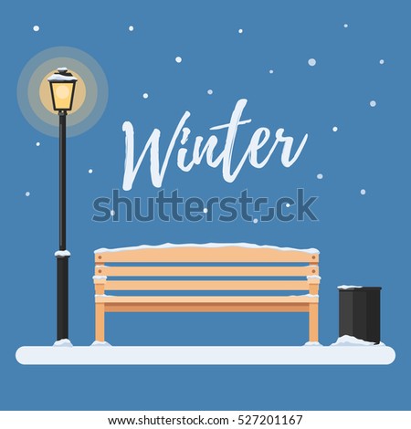 Park bench with a street lamp in the snow. The Inscription Winter. Vector illustration in flat style