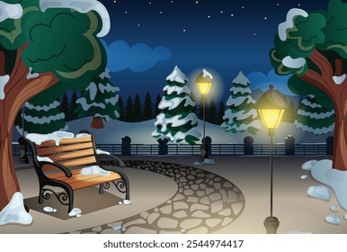 Park with Bench, Street Lamps and Snow Covered Trees. Winter Landscape Nightime Cartoon Background Illustration 