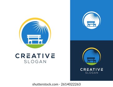 Park bench and sunbeam logo design for garden and outdoor