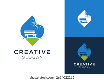 Park bench and sunbeam logo design for garden and outdoor
