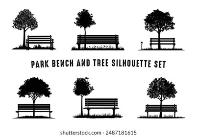 Park Bench with Tree black Clipart Bundle, Bench and Tree Silhouette Vector Set