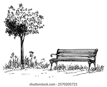 park bench with tree and grass hand-drawn illustration