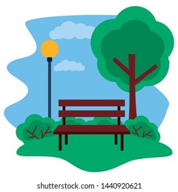 park bench tree lamp post grass vector illustration