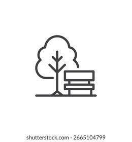 Park bench and tree line icon. Outline vector icon of a public park setting. Represents nature, rest, and outdoor relaxation. Minimal park icon.