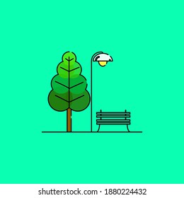 Ilustración del banco de estacionamiento y del vector de árbol. Disfrutando del aire fresco. Buenos días.