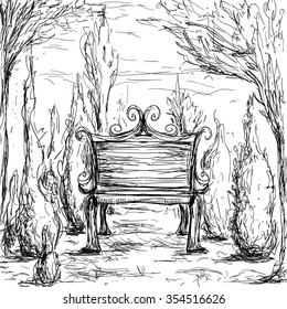 Park bench, trees and bushes. Vintage hand drawn illustration in sketch style