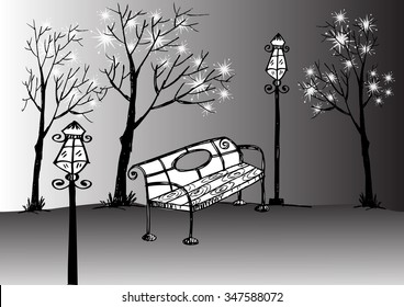 Park bench and trees covered by heavy snow
