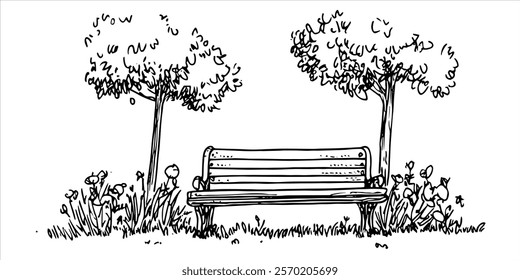 park bench with trees and flowers hand-drawn illustration