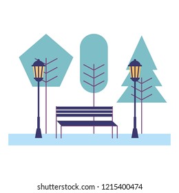 park bench trees lamp post scene