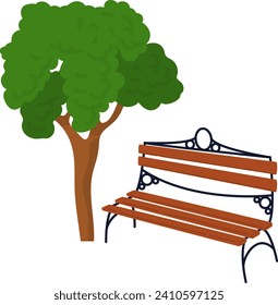 Park bench under a green tree, simple cartoon style. Outdoor wooden bench for rest, garden or park landscape vector illustration.