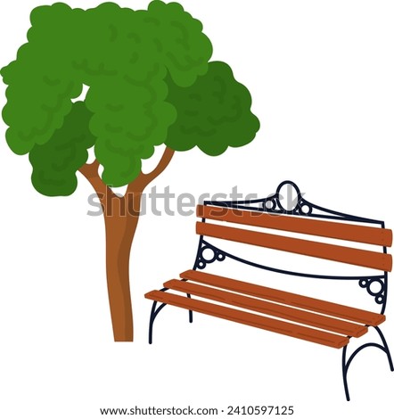 Park bench under a green tree, simple cartoon style. Outdoor wooden bench for rest, garden or park landscape vector illustration.