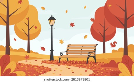 Park bench under a street lamp surrounded by falling autumn leaves in a peaceful nature setting with a squirrel.