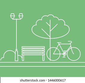 Park bench under the tree icon. Bike leaning the tree.