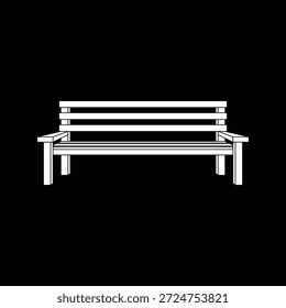 Icono de Vector de banco de parque. Ilustración de arte de línea blanca de un asiento de madera aislado sobre fondo negro. Símbolo de muebles de exterior para diseño de mapas, carteles o paisajes.