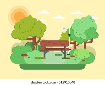 Park bench. Vector illustration of a beautiful summer city park with bench. Flat style vector illustration.