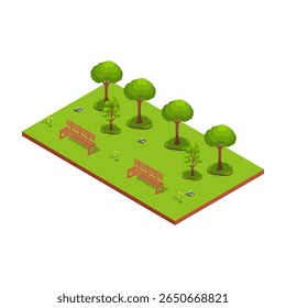 Park benches with green trees