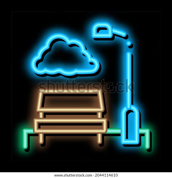 Park with\
Benches neon light sign vector. Glowing bright icon Park with\
Benches sign. transparent symbol\
illustration