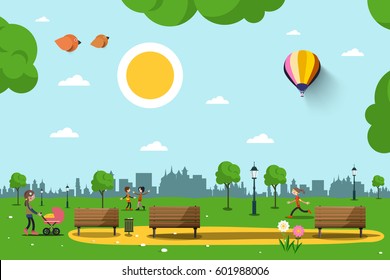 Park With Benches, People And City Skyline Silhouette. Sunny Day In City. Nature Vector Illustration.