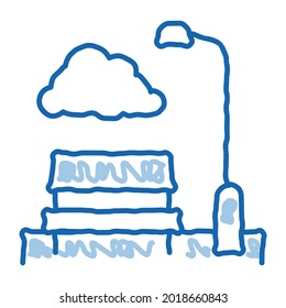 Estacionar con un vector de icono de esbozo de bancadas. Dibujo manual de la línea de doodle azul Park con el signo de los bancos. ilustración de símbolo aislado