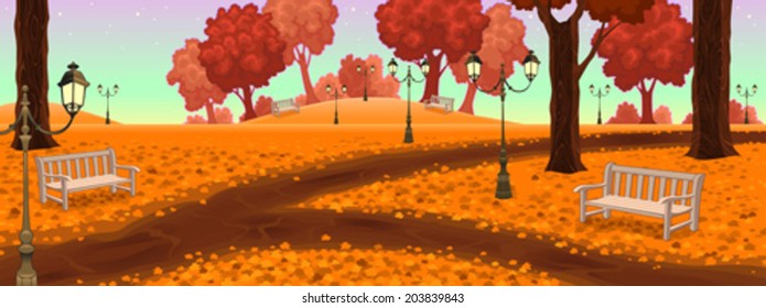 Park with benches and street lamps. Cartoon vector illustration