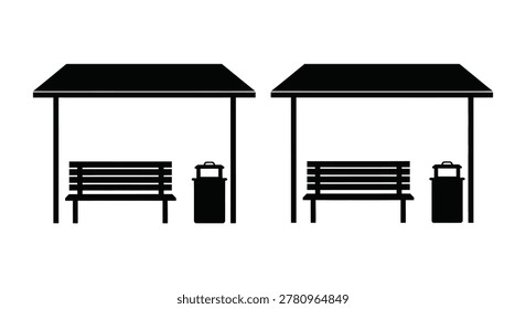 Park benches and trash cans black silhouette