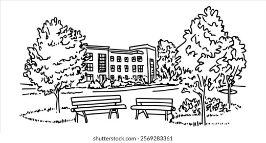 park benches with trees and modern building in background hand drawn doodle sketch