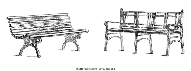 Park benches, two different, sit, resting, outdoors, furniture, architectural detail, sketch,hand drawing, vector,isolated on white