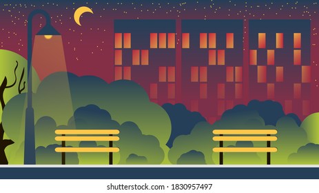 park benches under the light of a lantern against the background of bushes, trees, multi-storey buildings with glowing windows, the sky with the moon and stars. night city landscape. vector