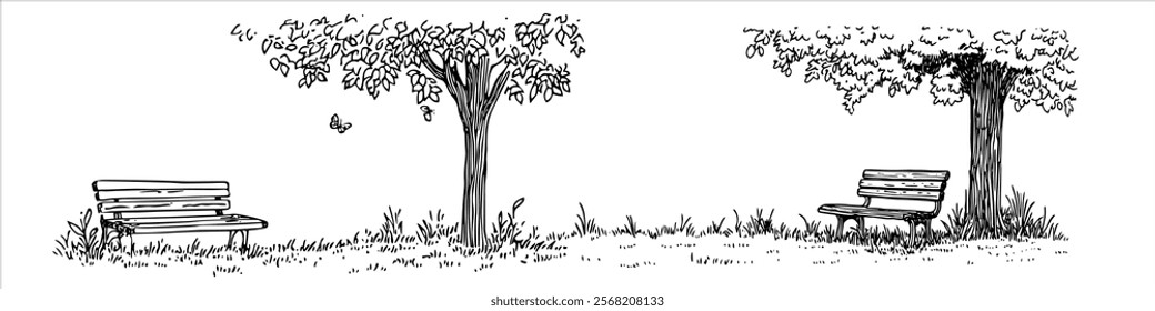 park benches under trees in peaceful black illustration