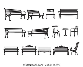 Park benches vector silhouette. comfy urban long seat. chair garden. rest, enjoyment and recreation