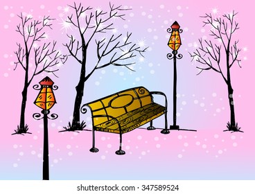 Park bench,lamp and trees covered by heavy snow