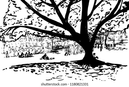 Park and a big tree in hand drawn style. For print, poster, card. Vector illustration