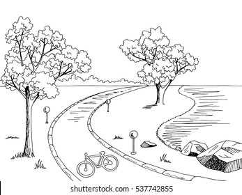 Park Bike Path Graphic Black White Landscape Sketch Illustration Vector