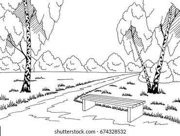 Park birch graphic black white bench landscape sketch illustration vector