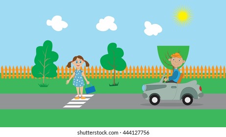 Park, a boy rides in car, girl on a pedestrian crossing goes over the highway. vector illustration, cartoon