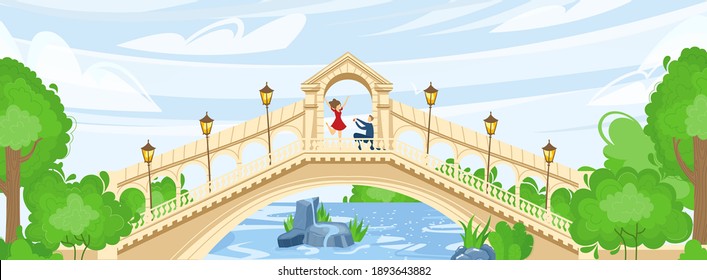 Park with bridge over river or water vector illustration. Nature, landscape with geen trees, in summer for leisure and relax. Couple taking pictures on bridge. Urban park in summer or spring.